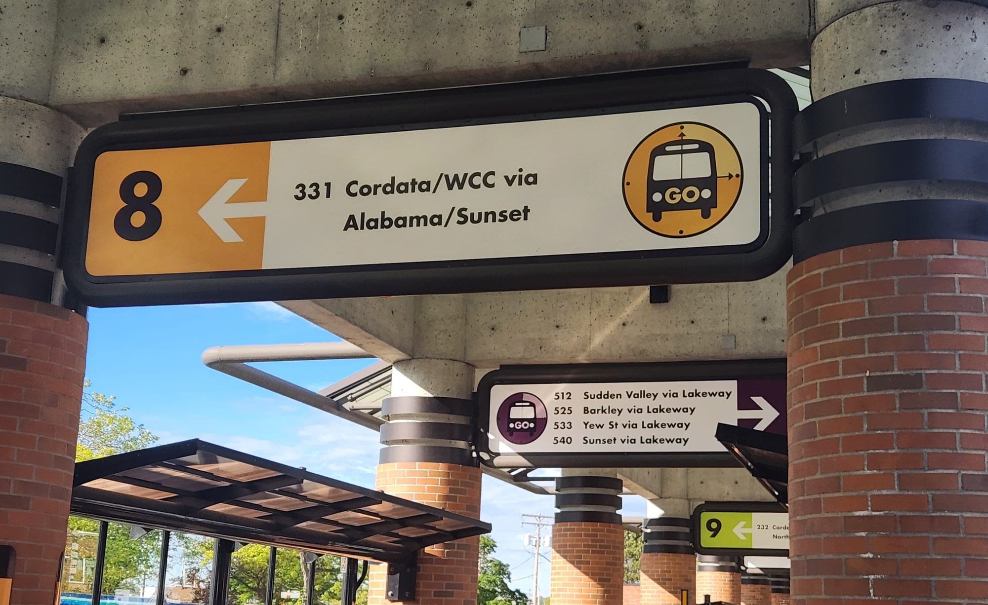 Numbered bus bays are clearly marked with route numbers and destinations at Bellingham Station, the hub of the WTA bus network. 