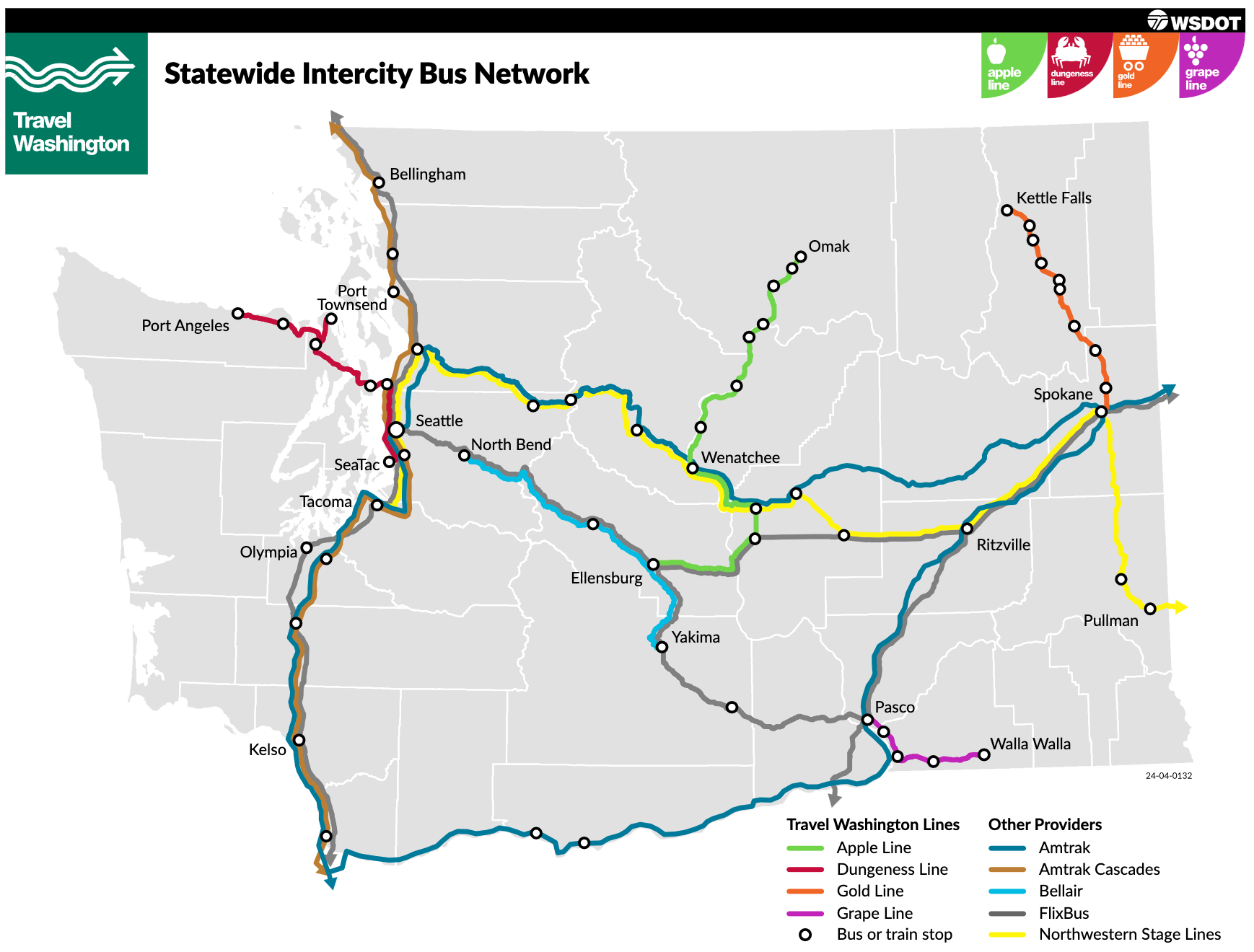 A map of Washington state with intercity bus routes displayed, including the four Travel Washington lines.