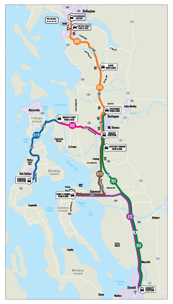 A network of intercounty connector buses are operated by Island Transit, Skagit Transit and the Whatcom Transit Authority.