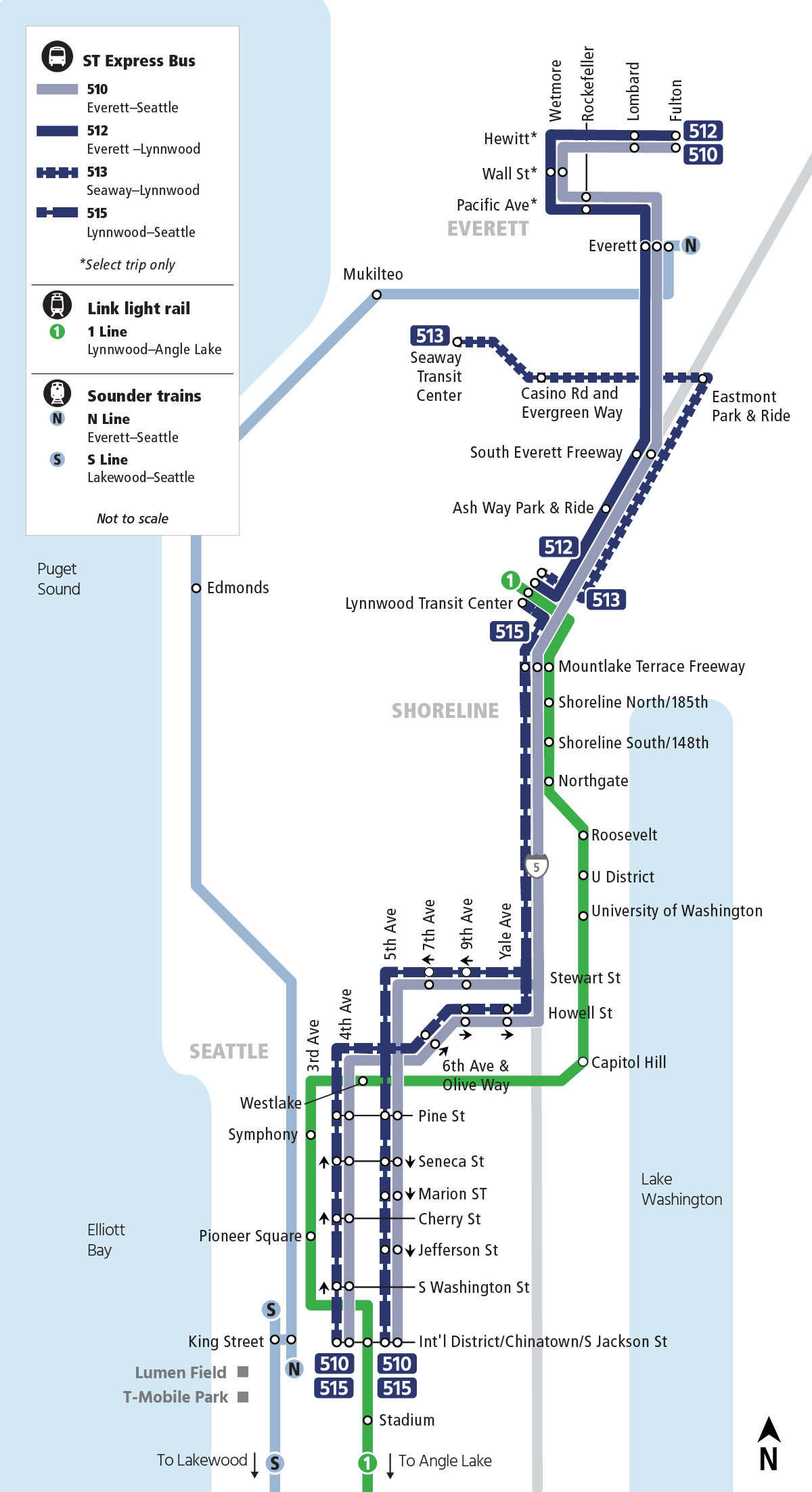 Sound Transit Express routes in the I-5 corridor with the Lynnwood Link extension bringing the 1 Line into Snohomish County from Northgate in Seattle. Route 512 connects Everett Station with the Lynnwood City Center Station, the terminus of the 1 Line.