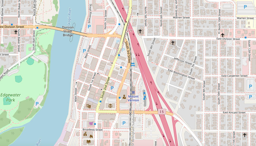 A map of Mount Vernon, Washington showing the BNSF railroad track though downtown