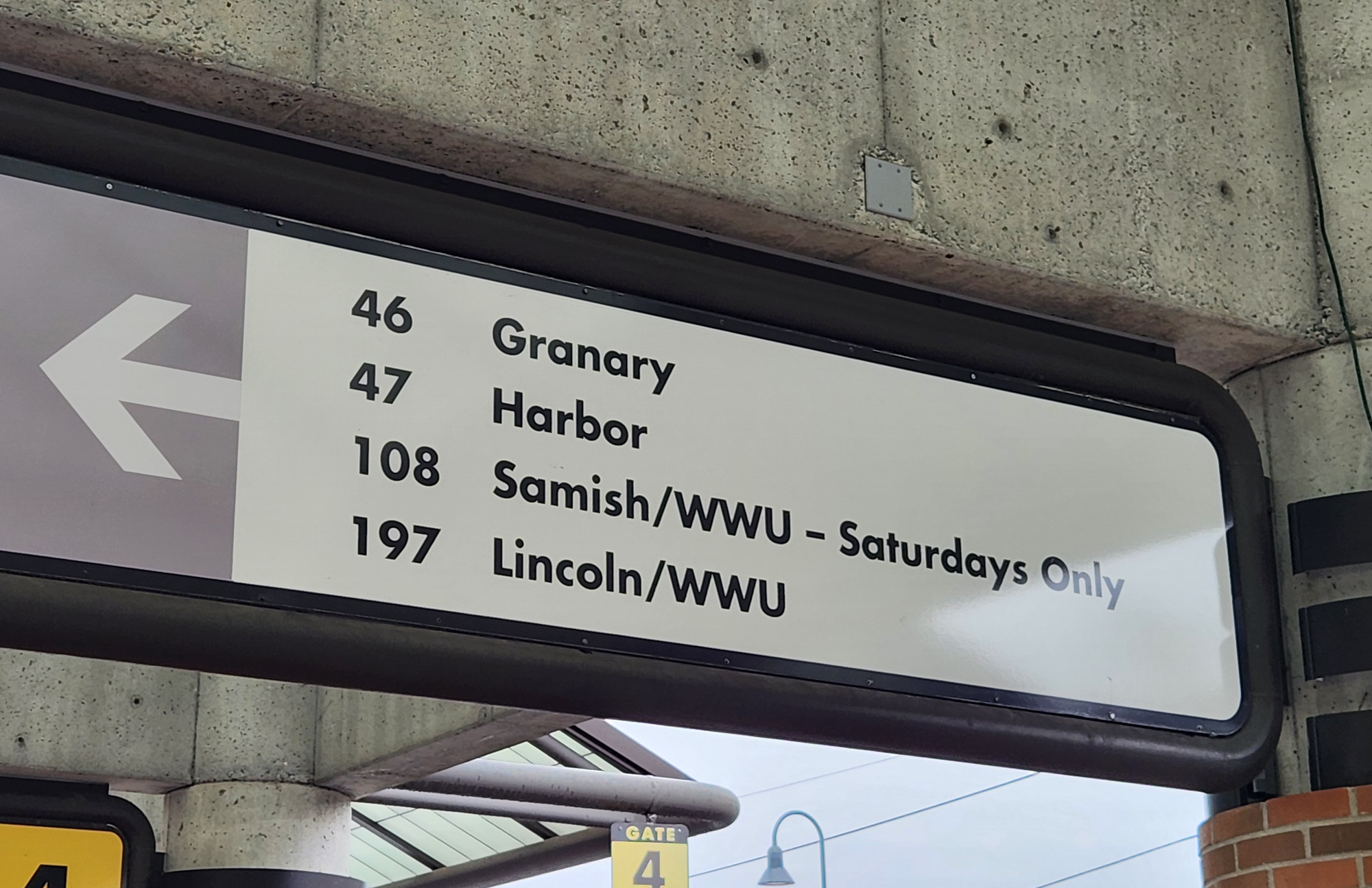 A sign pointing the way to where the new Routes 46 and 47 operate out of at Bellingham Station. 