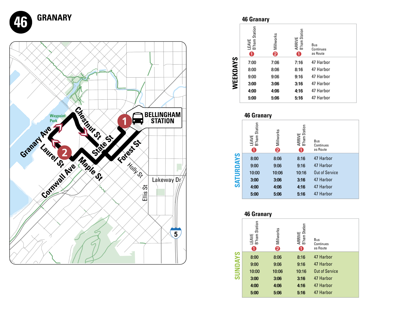 A route diagram and schedule for Route 46 (Granary).