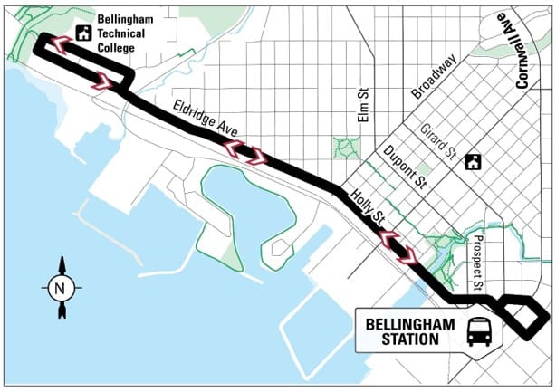 The weekday only Route 10, connecting Downtown Bellingham and Bellingham Technical College, would boost bus service along W. Holly Street and Eldridge Avenue.