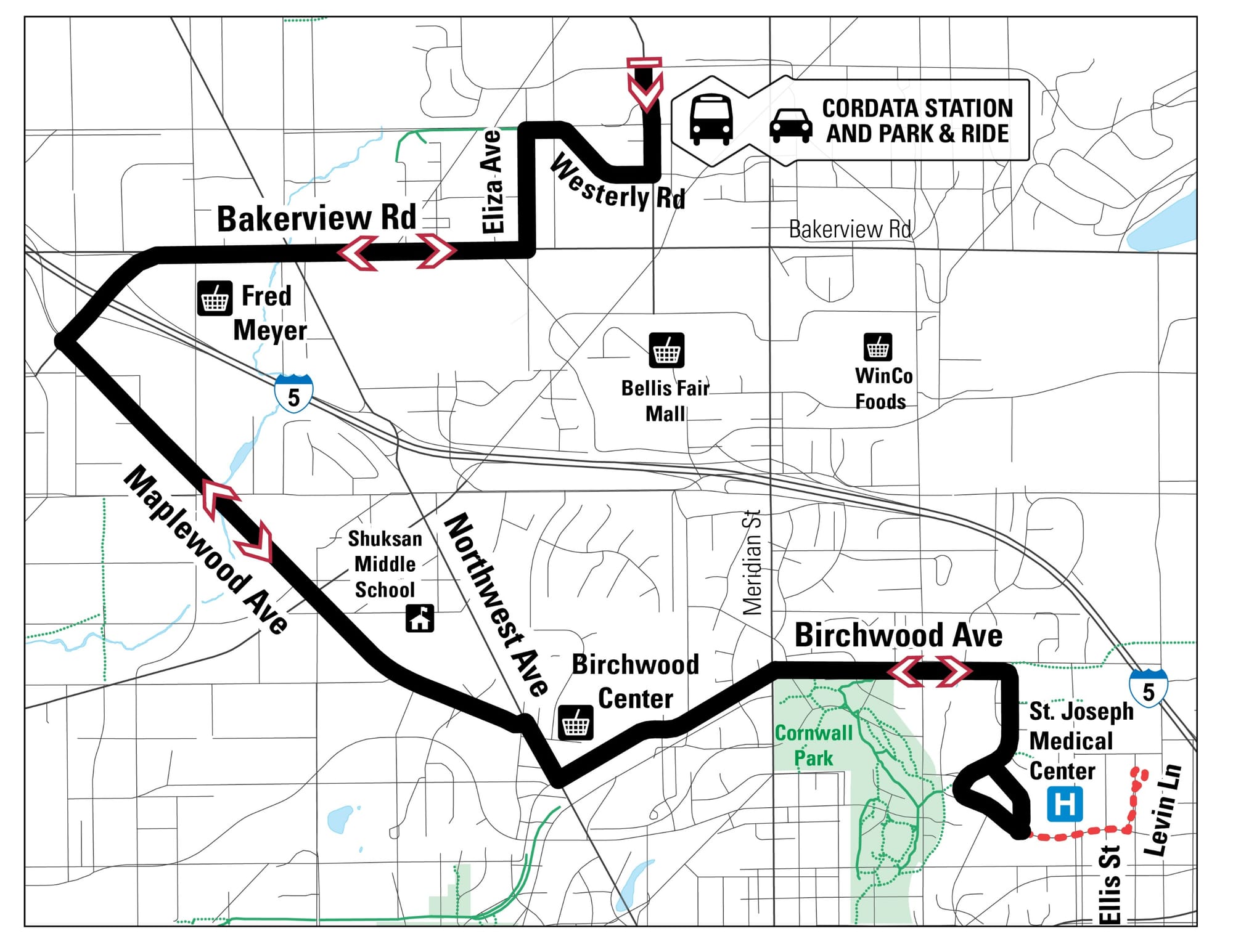 Diagram of the proposed Route 18 (Maplewood): The northern and western portions of Route 4 would become Route 18, connecting Cordata Station, Maplewood Avenue, and PeaceHealth St. Joseph Medical Center. 