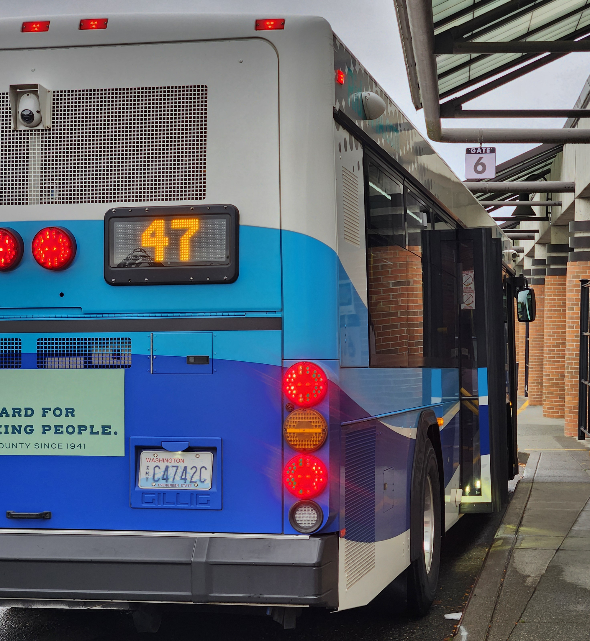 The back of a Route 47 bus.