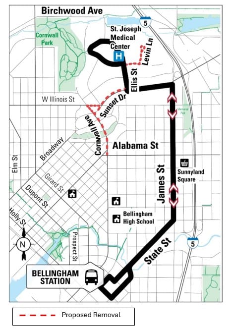 Diagram of the proposed Route 9 (Hospital to Downtown): The portion of Route 4 between PeaceHealth St. Joseph Medical Center and Downtown Bellingham would be partially rerouted and become the new Route 9