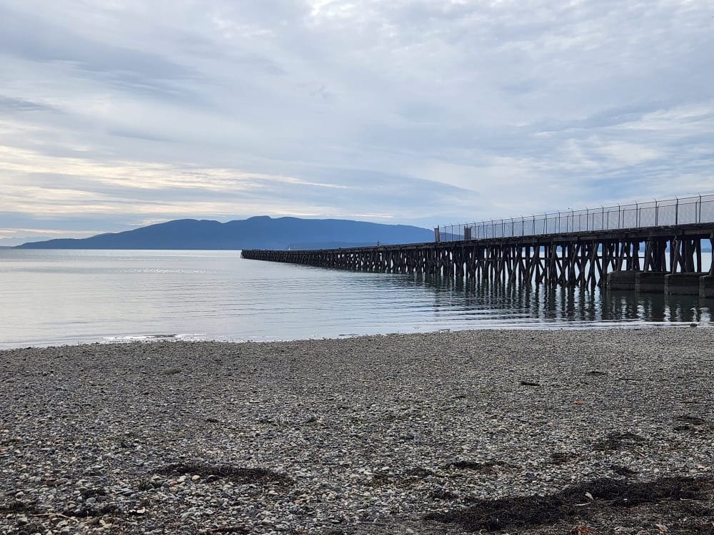 Little Squalicum Park, its pier, and Bellingham Bay with Lummi Island in the distance.