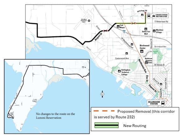 Route diagram: The biggest change to Route 50 (Lummi Nation): Its Bellingham terminus will shift from Bellingham Station downtown to Cordata Station.