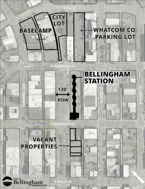 The Base Camp site at Cornwall Avenue & York Street is under consideration as a site for a new and expanded Bellingham Station