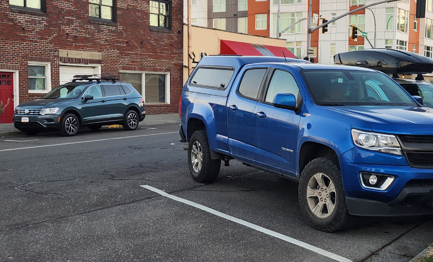 An example of a parked truck on E. Champion Street jutting out into the travel lane.